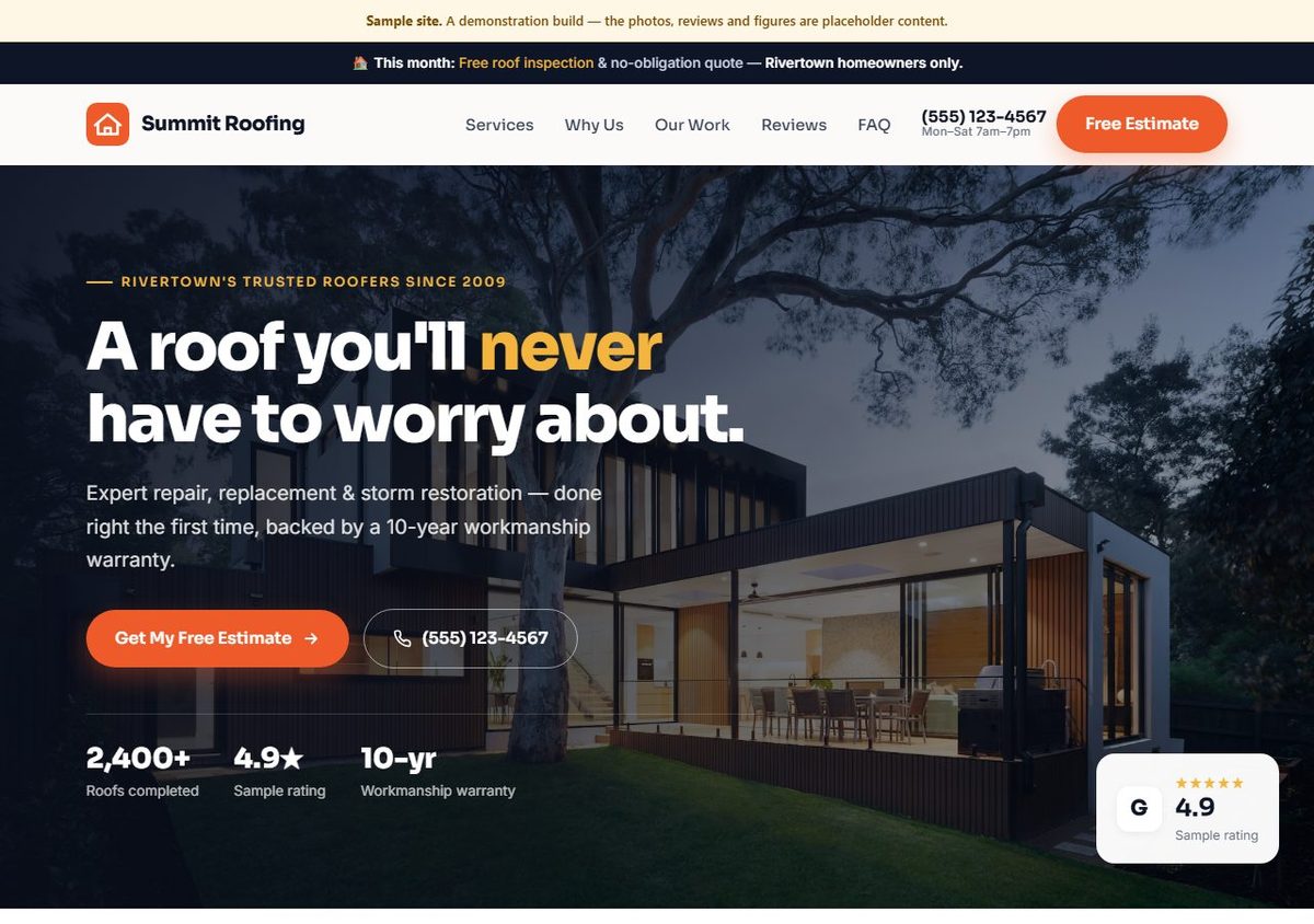 Desktop view of an example roofing website