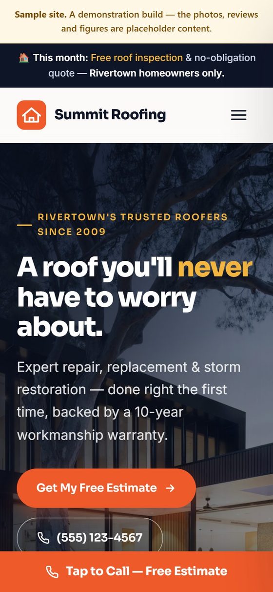 Phone view of the same example roofing website
